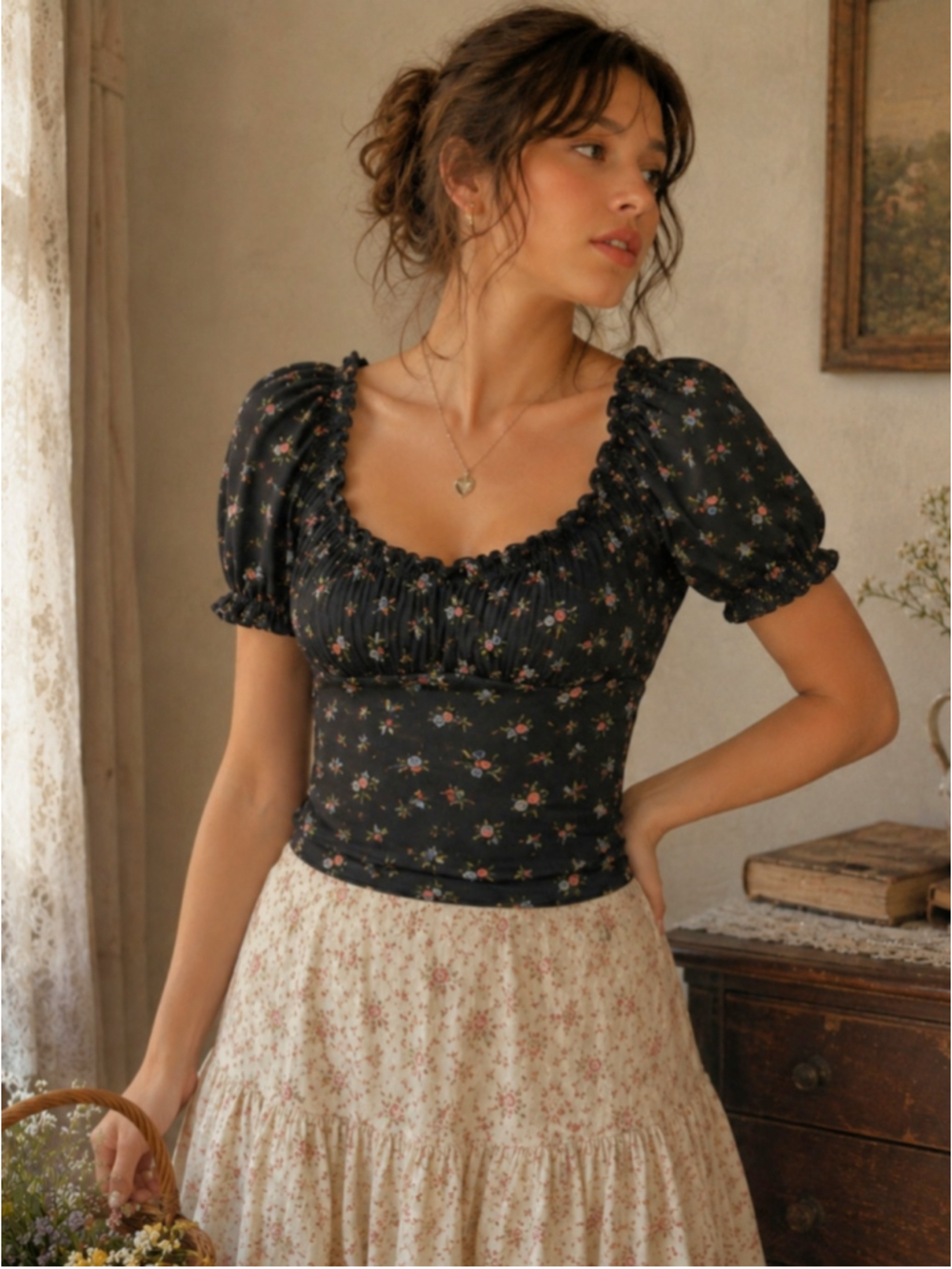 Urban Outfitters Floral Milkmaid Top – Puff Sleeve Coquette Blouse - M